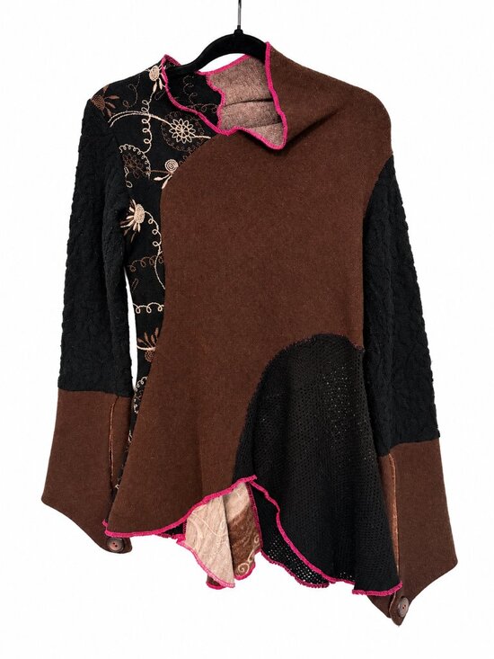 Unknown Sweaters - Vintage Patchwork Tunic Sweater Brown Black Asymmetric Whimsigoth Scandi Boho